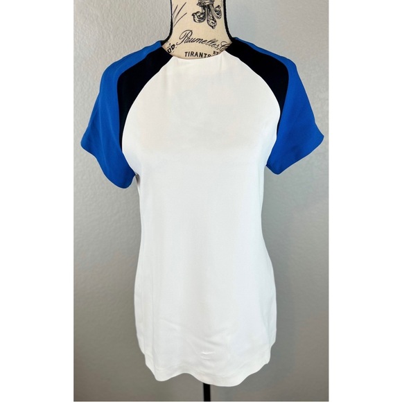 Piazza Sempione White Blouse with Blue/Black Colorblocking - Picture 1 of 8
